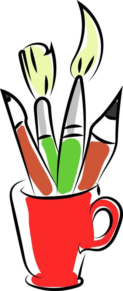 Bleistifte und Pinsel in roter Tasse, Illustration, Vektor auf weißem Hintergrund.