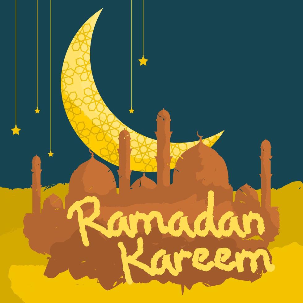 redigerbar ramadan kareem design begrepp med borsta stroke stilar av moské silhuett på öken- och mönstrad halvmåne måne och hängande stjärnor på natt scen himmel vektor