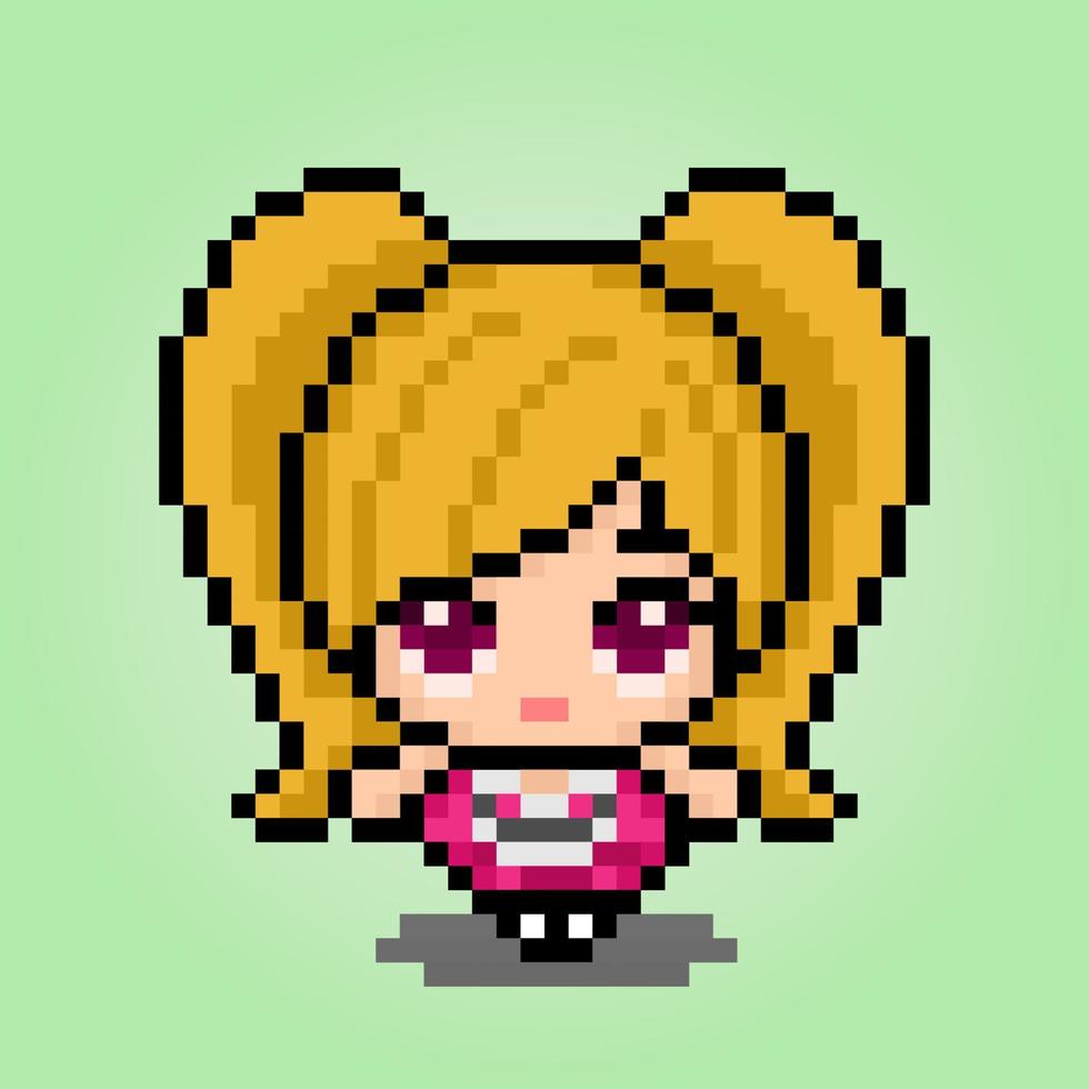 8-Bit-Pixel-Frauenfigur. Anime-Cartoon-Mädchen in Vektorgrafiken für Spiel-Assets oder Kreuzstichmuster. vektor