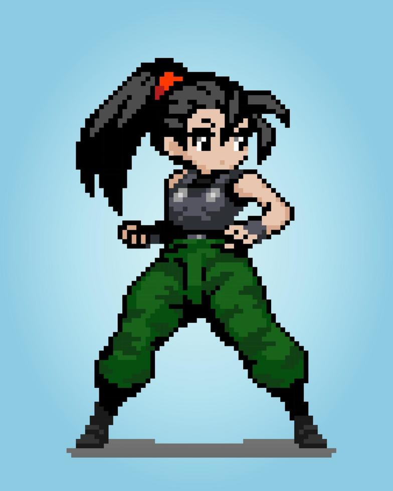8-Bit-Pixel-Frauenfigur. Frauen-Anime-Armee in Vektorgrafiken für Spiel-Assets oder Kreuzstichmuster. vektor