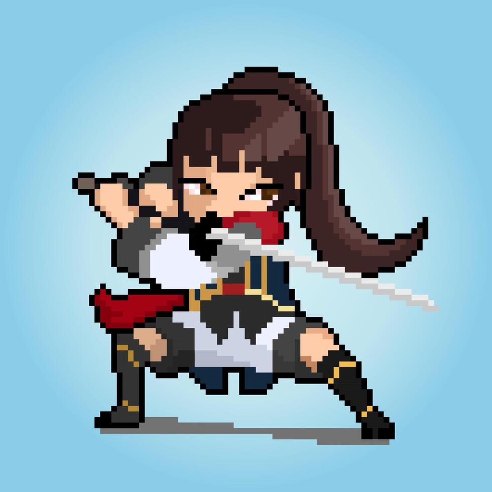 8-Bit-Pixel-Frauenfigur. Anime-Samurai-Mädchen in Vektorgrafiken für Spiel-Assets oder Kreuzstichmuster. vektor