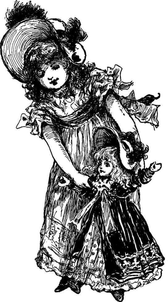 Mädchen, das ihre Puppe hält, Vintage Illustration. vektor