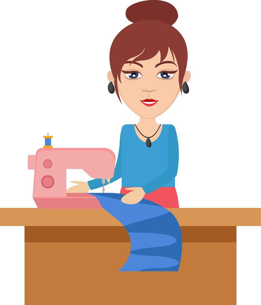 Frau mit Strickmaschine, Illustration, Vektor auf weißem Hintergrund.