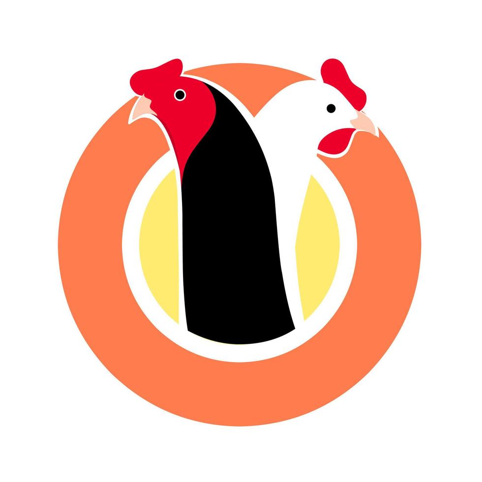 Hühnerbauern-Vektorlogo. Hahn und Henne mit orangefarbenen Kreisen. isoliert auf weißem Hintergrund. ideal für Hühnerfarm-Logo, Broiler-Huhn. vektor
