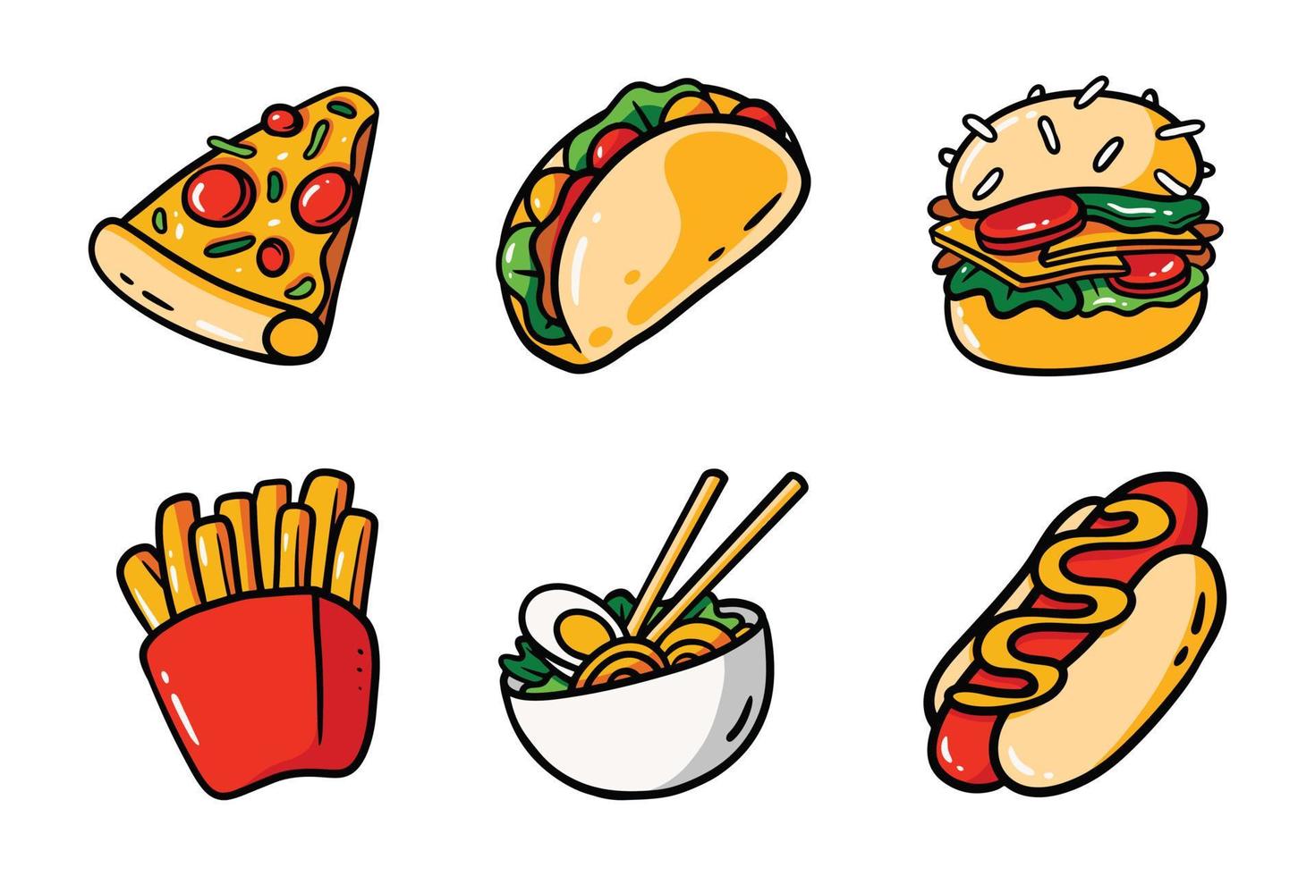 satz des leckeren handgezeichneten illustrationsdesigns des fast-foods. Sammlung von Pizza, Burger, Hot Dog, Ramen usw vektor