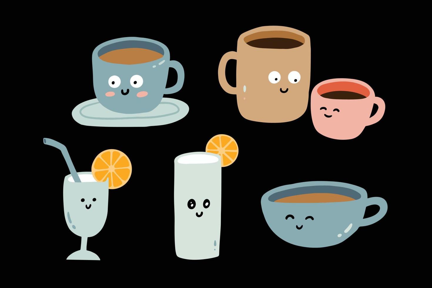 uppsättning av söt kopp karaktär illustration med kaffe, citron- te, par av kaffe, juice, etc. vektor