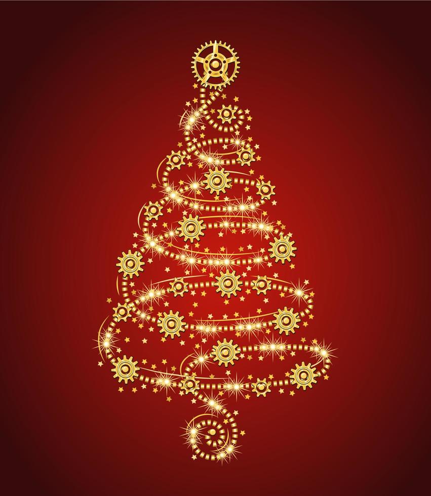 gyllene jul träd tillverkad av prickad linje med växlar, gnistrar, liten spridd stjärnor på en röd bakgrund i steampunk stil. delikat spiral form. vektor