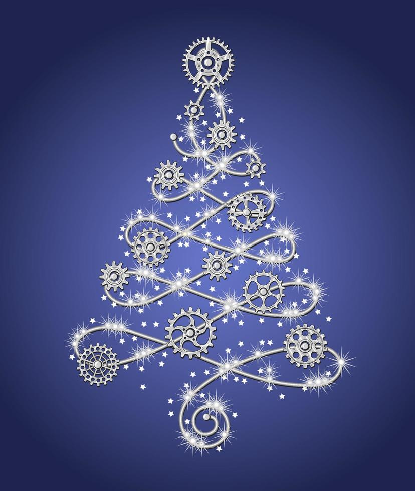 goldener weihnachtsbaum aus golddraht mit zahnrädern, funkeln, kleinen verstreuten sternen auf rotem hintergrund im steampunk-stil. zarte Spitzenform mit Schleifen. Vektor-Illustration vektor