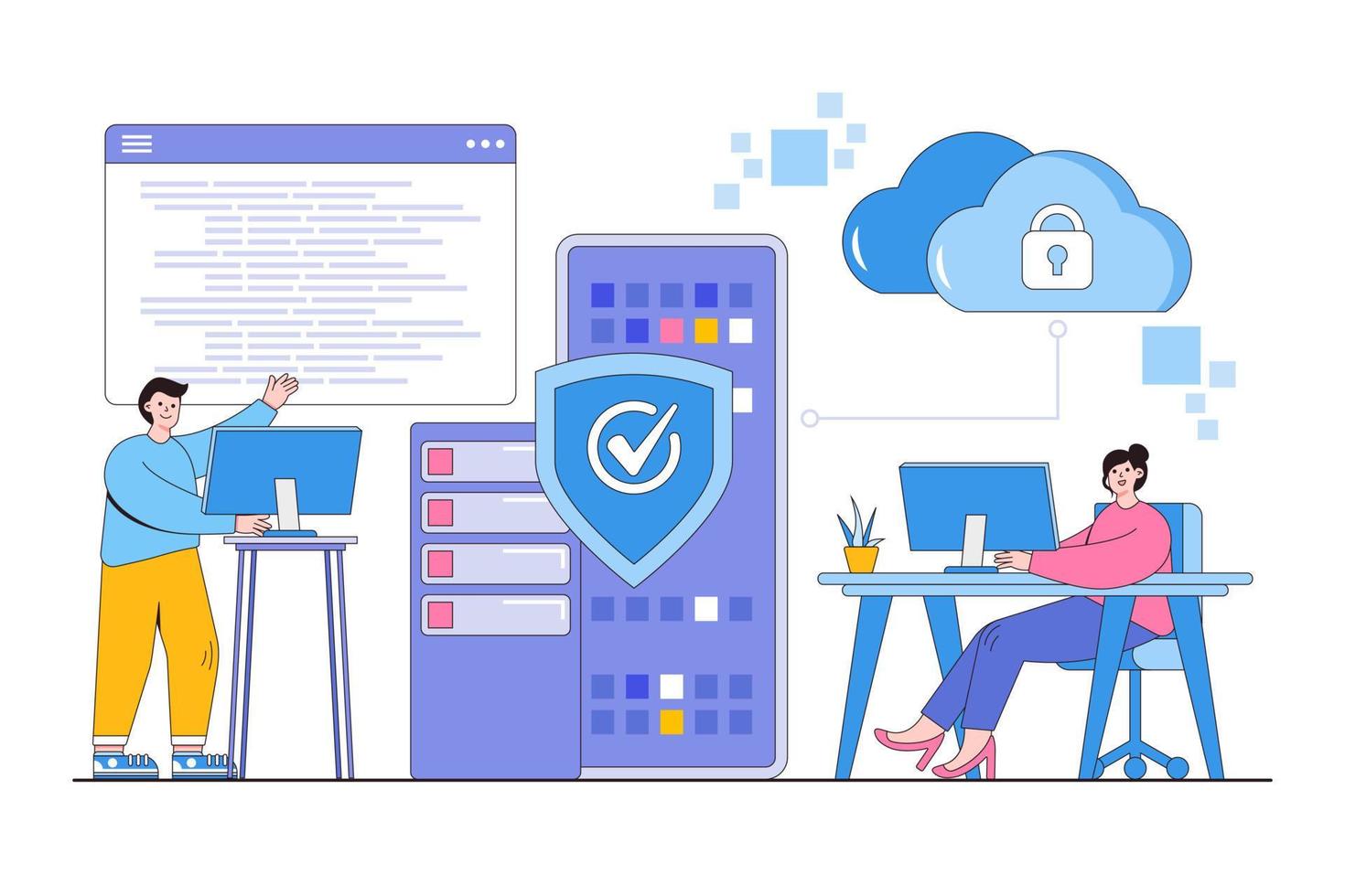 platt databas programmerare med programmering språk, css, html, Det, ui, utvecklande, kodning begrepp. översikt design stil minimal illustration för landning sida, webb baner, infografik, hjälte bilder vektor