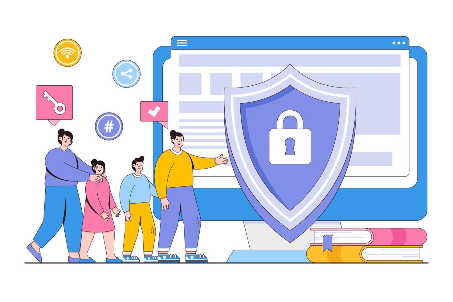 flache kindersicherungssoftware mit eltern und kindern, die das konzept der inhaltssteuerungssoftware verwenden. Entwurfsstil-Vektorillustration für Zielseite, Webbanner, Infografiken, Heldenbilder vektor