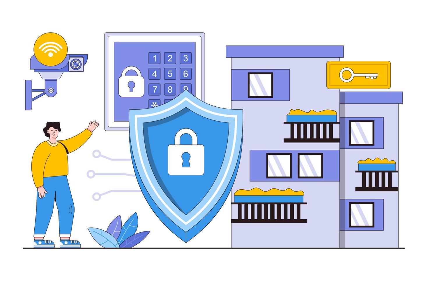 platt Hem skydd övervakning service säkerhet tillgång kontrollera systemet säkerhet lösningar säkerhet begrepp. översikt design stil illustration för landning sida, webb baner, infografik, hjälte bilder vektor
