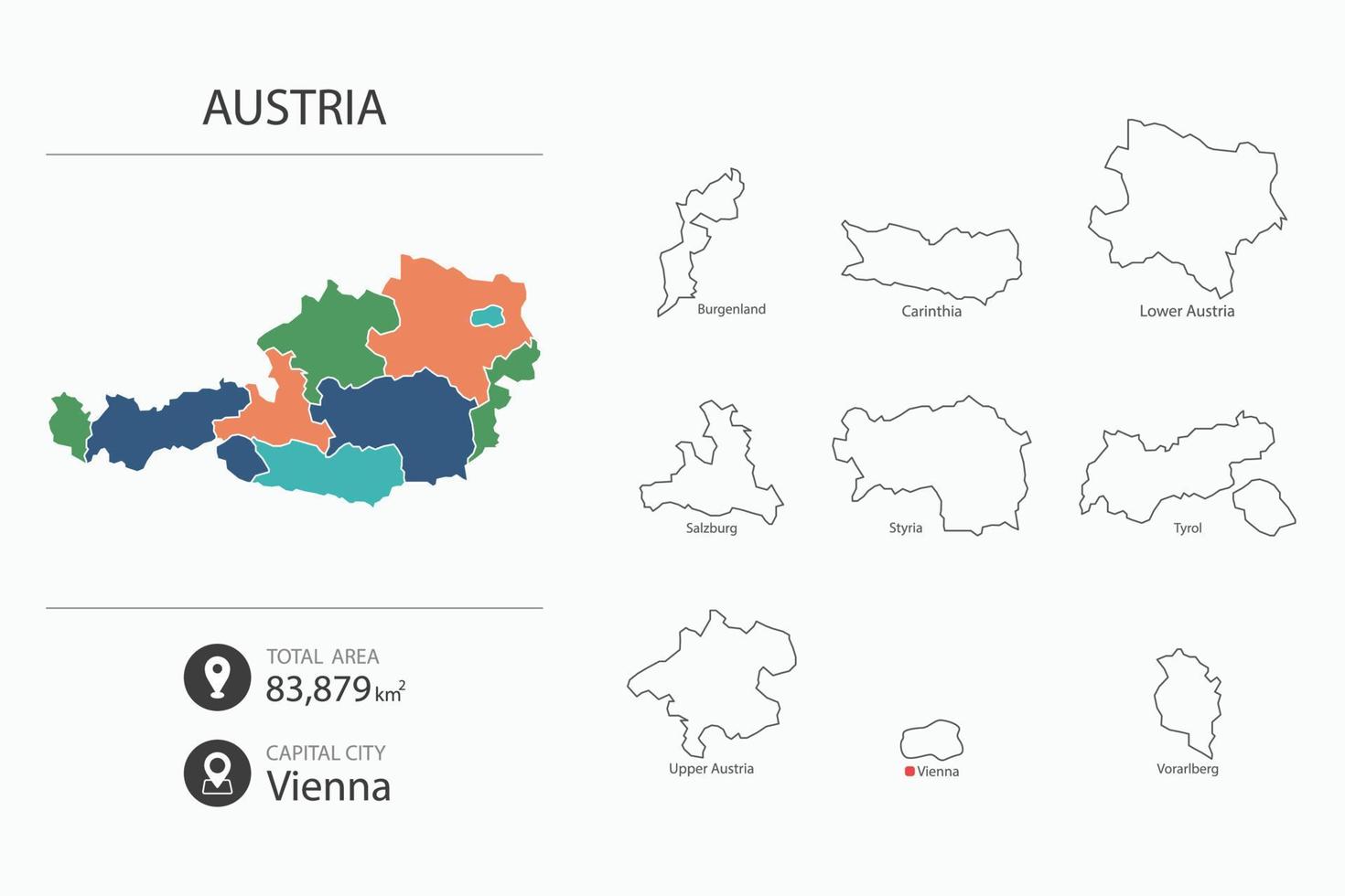Karta av österrike med detaljerad Land Karta. Karta element av städer, total områden och huvudstad. vektor