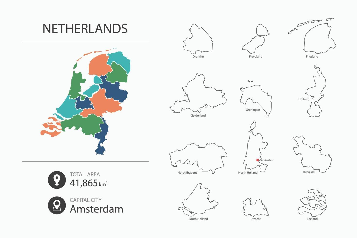 Karta av nederländerna med detaljerad Land Karta. Karta element av städer, total områden och huvudstad. vektor