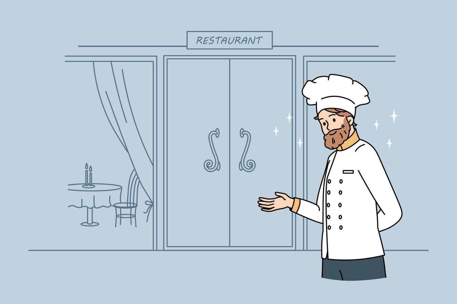 arbetssätt som kock i restaurang begrepp. leende man kock i enhetlig och hatt stående och inbjudande gäster till restaurang vektor illustration