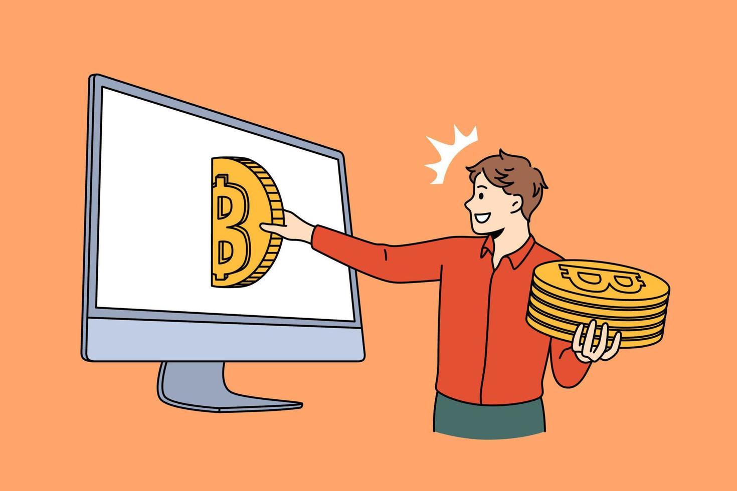 bitcoin och kryptovaluta vinst begrepp. leende man stående och tar ut gyllene bitcoin mynt från bärbar dator skärm framställning pengar vektor illustration