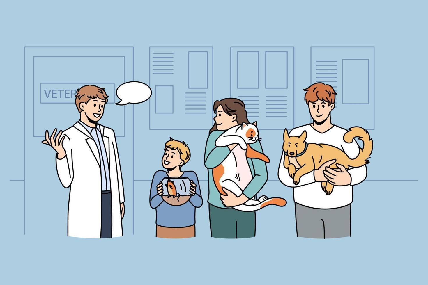 arbetssätt som veterinär med djur begrepp. ung leende läkare veterinär stående och hälsning klienter med mus katt och hund på klinik vektor illustration