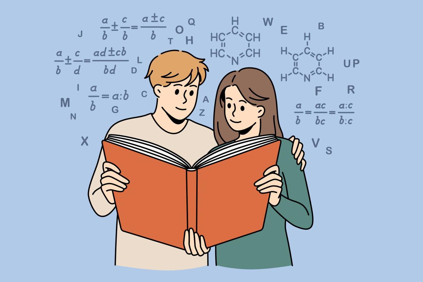 mathematik lernen und konzept studieren. positive junge und mädchen studenten schüler, die zusammen stehen, lesen buch über mathematikformeln, die sich auf die prüfungsvektorillustration vorbereiten vektor