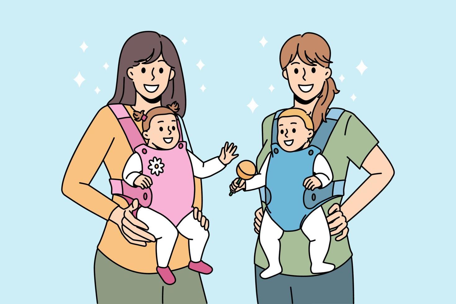 modern mödrar bärande Utrustning begrepp. två ung positiv kvinnor mödrar stående innehav deras spädbarn i lyftsele för utomhus- promenader vektor illustration