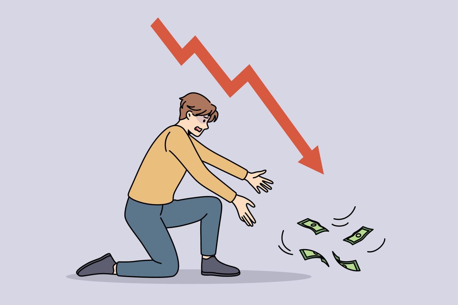 finansiell kris och regression begrepp. betonade ung affärsman Sammanträde på knä påfrestande till skaffa sig nå flygande bort pengar med pil ner vektor illustration