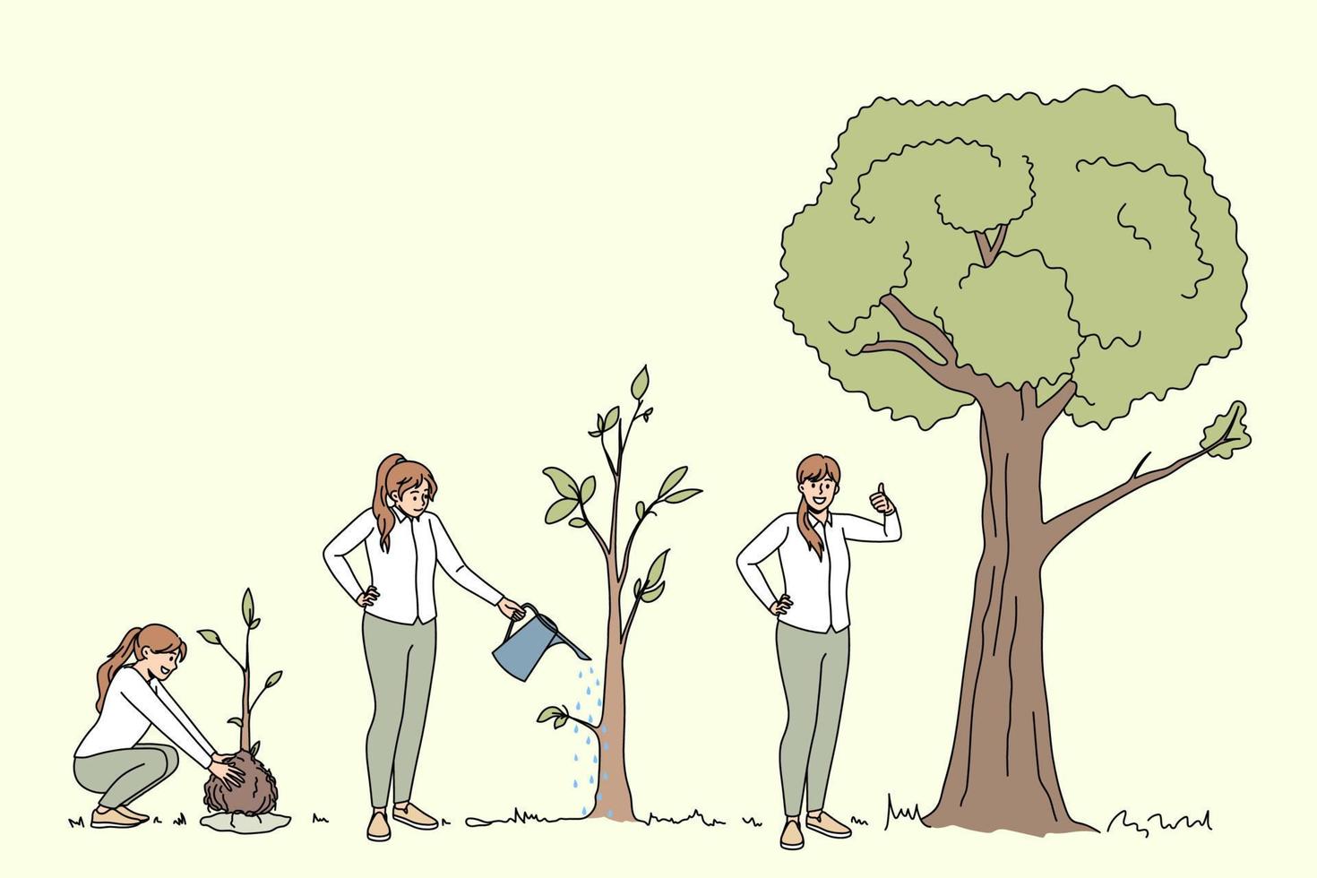 ekologisk konversation och ekosystem begrepp. ung positiv kvinnor plantering vattning och växande träd som visar tummen upp tecken vektor illustration