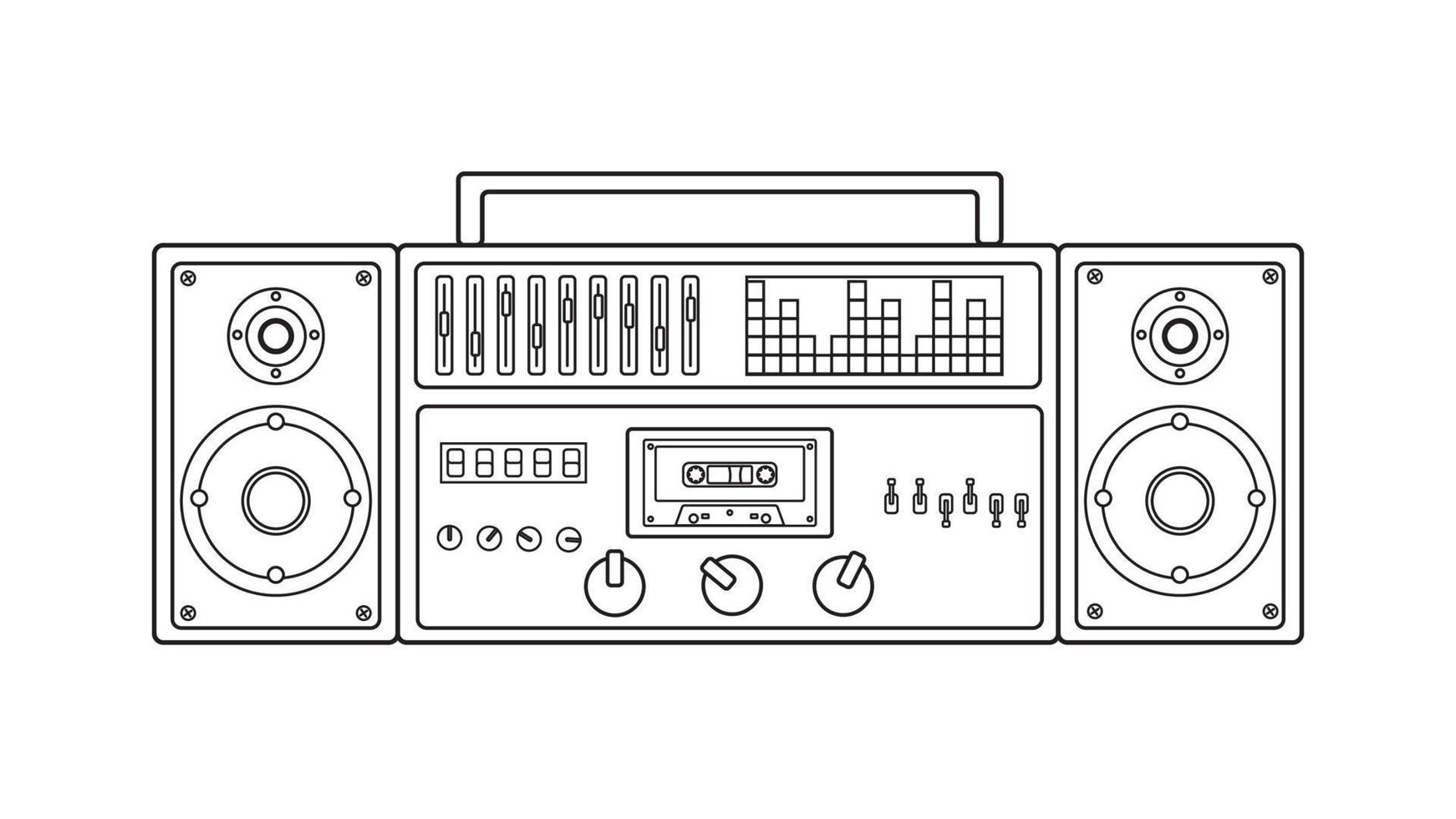 alter Retro-Vintage-Musikkassettenrecorder mit Magnetband auf Rollen und Lautsprechern aus den 70er, 80er, 90er Jahren. Schwarz-Weiß-Symbol. Vektor-Illustration vektor