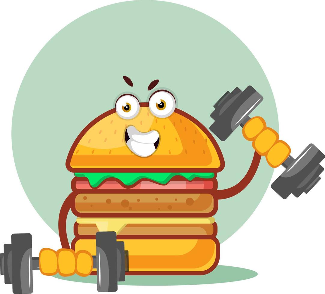 burger är lyft vikter, illustration, vektor på vit bakgrund.