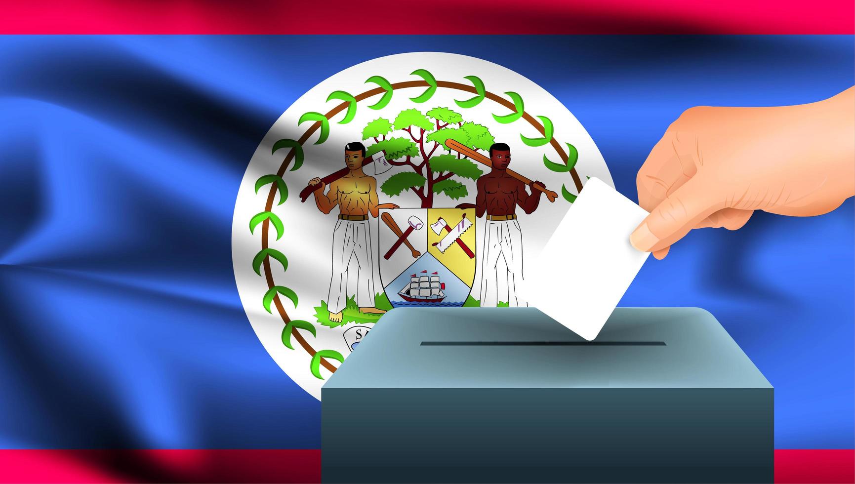 Hand, die Stimmzettel in Schachtel mit Belize-Flagge setzt vektor