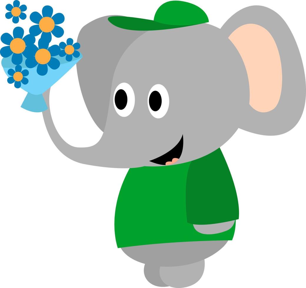 Elefant mit Blumen, Illustration, Vektor auf weißem Hintergrund.