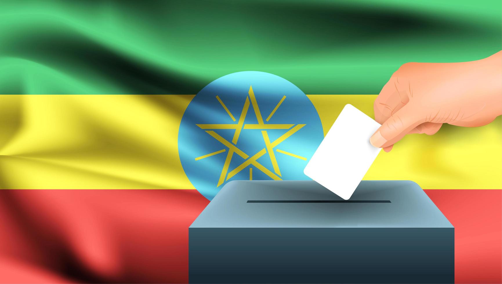 Hand, die Stimmzettel in Box mit äthiopischer Flagge setzt vektor