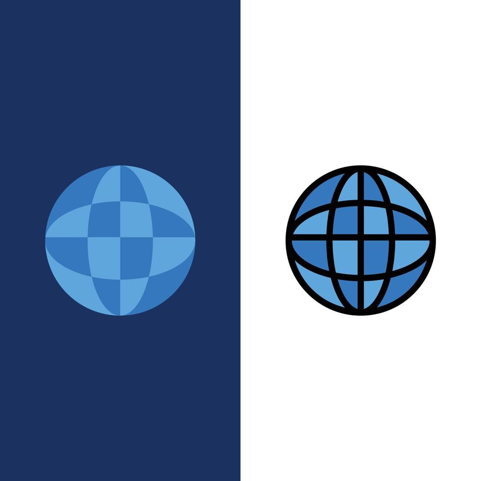 globaler standort internet welt symbole flach und linie gefüllt icon set vektor blauen hintergrund