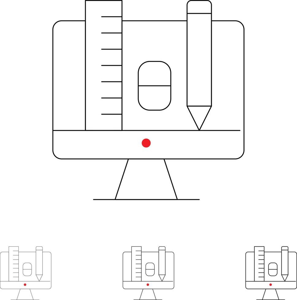 Computer-Bildungsskala Bleistift Fett und dünne schwarze Linie Symbolsatz vektor