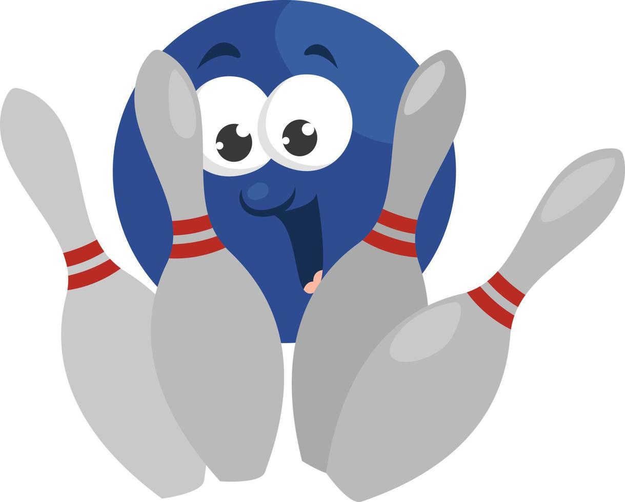 Blaue Bowlingkugel und Pins, Illustration, Vektor auf weißem Hintergrund