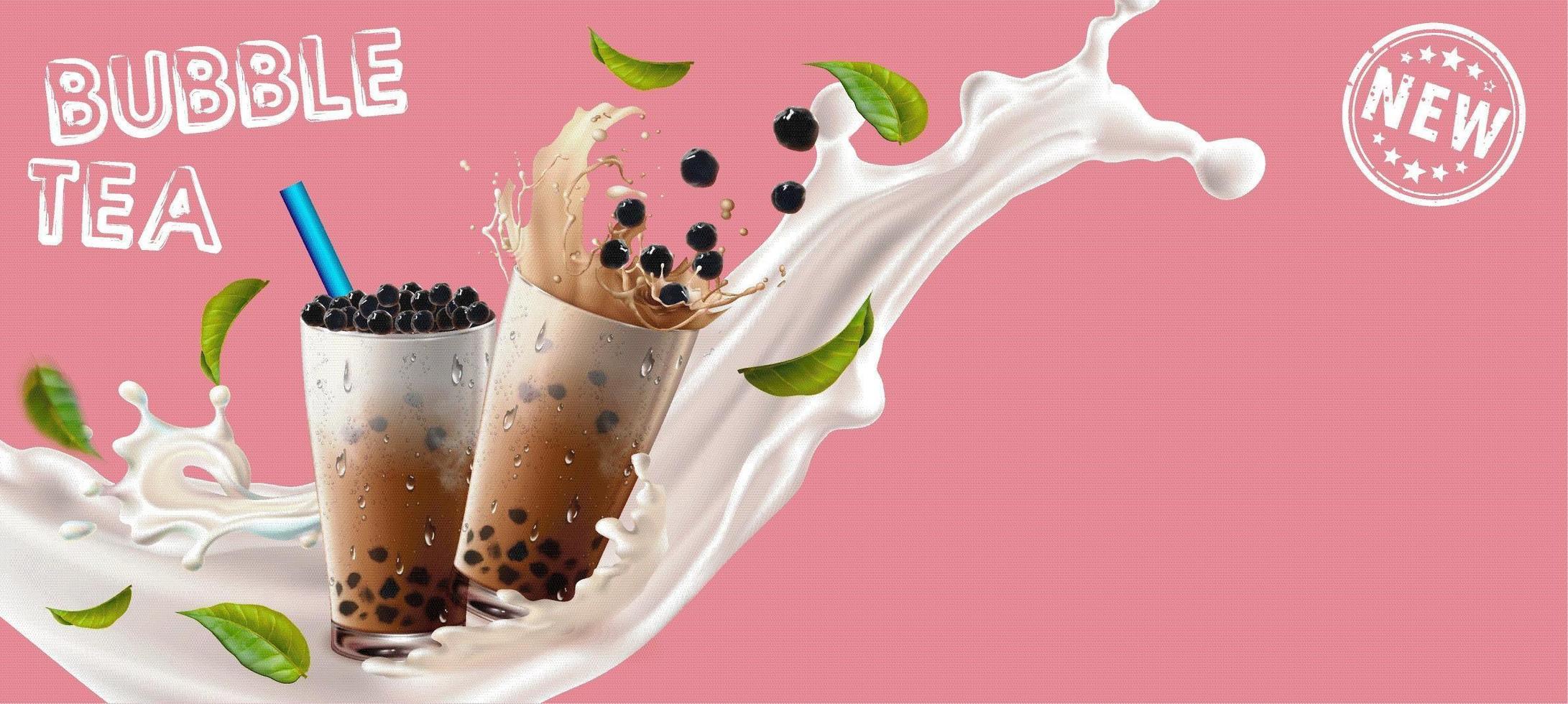 Bubble Tea Tassen in Splash mit Blättern auf rosa vektor