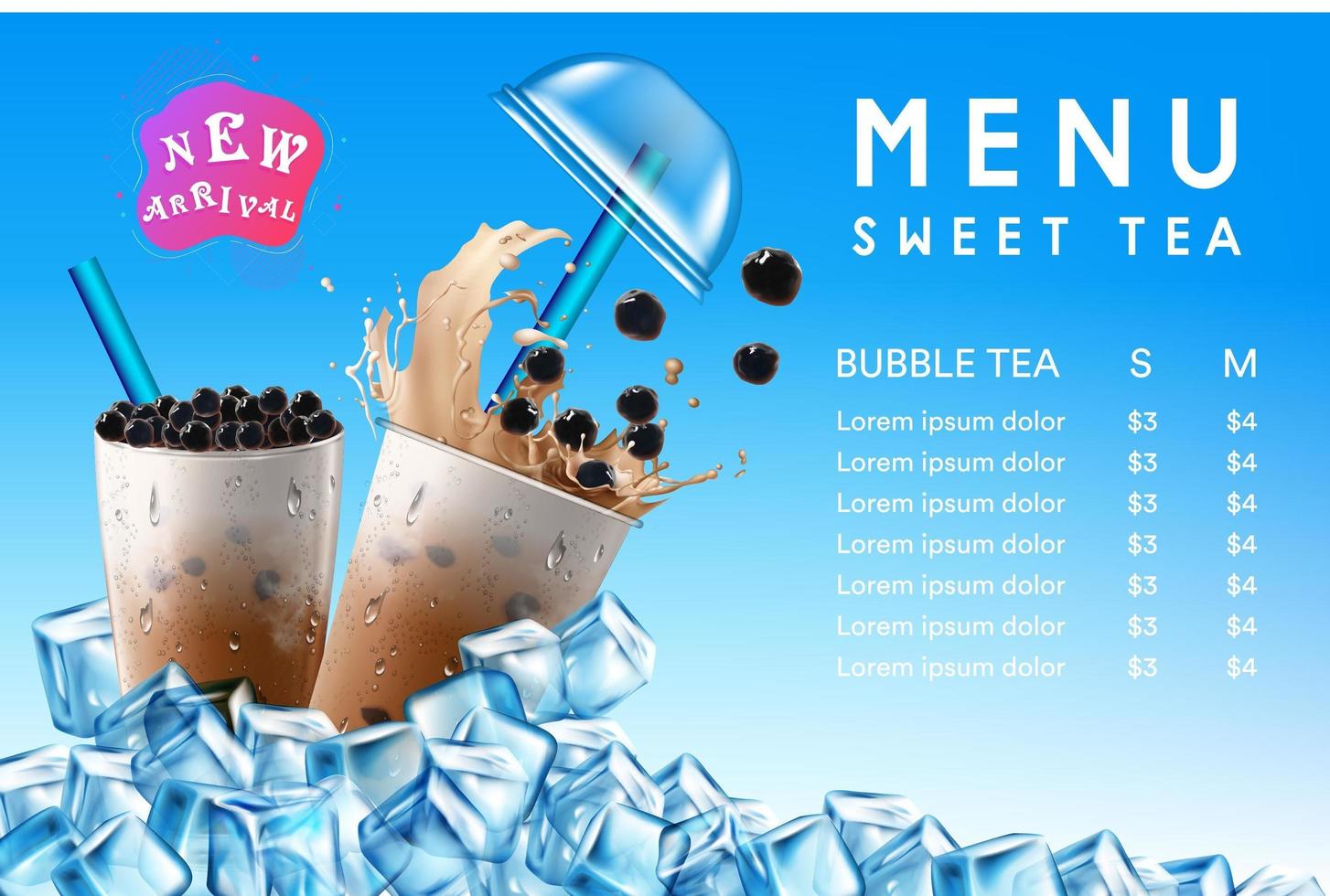 süßes Bubble Tea Menü mit Eiswürfeln vektor