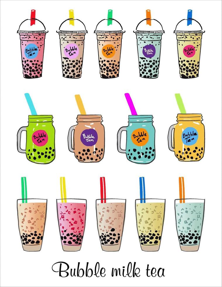 Bubble Milk Tea Hand gezeichnetes Set vektor