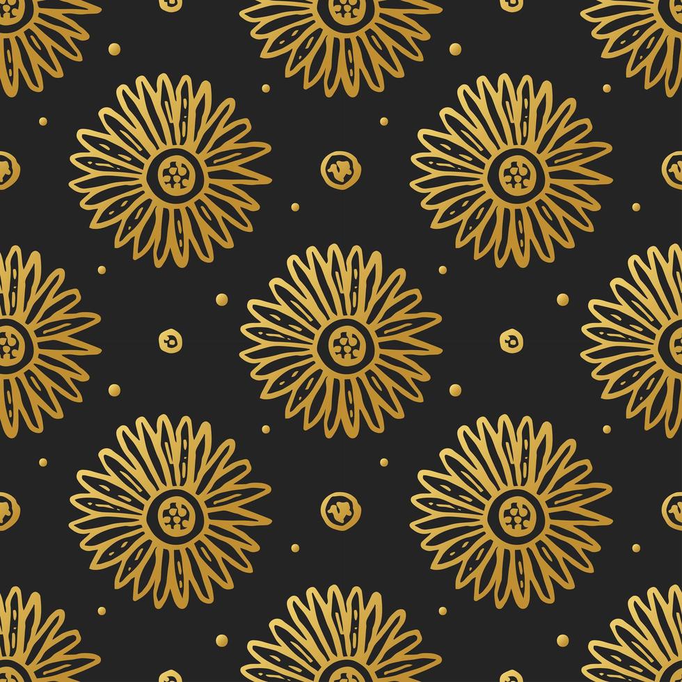 goldene Blütenblüte auf schwarzem nahtlosem Muster vektor