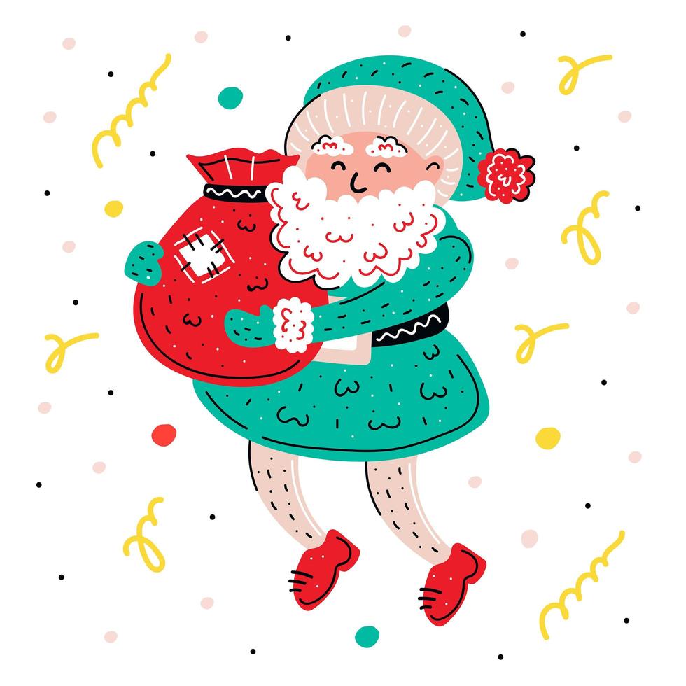 handgezeichneter Weihnachtsmann mit Geschenkbeutel vektor