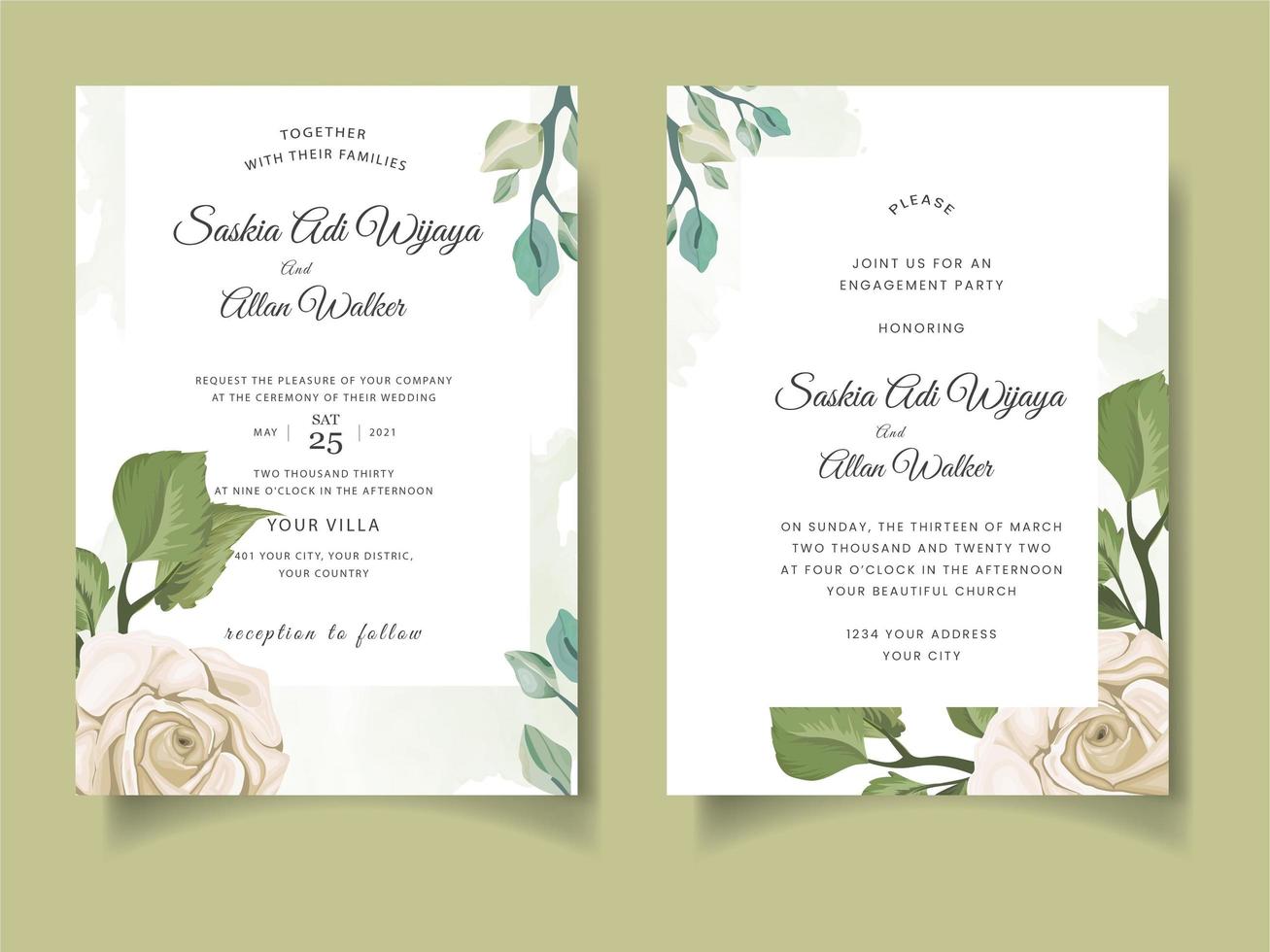 bröllop inbjudningskort med rosor och blad vektor