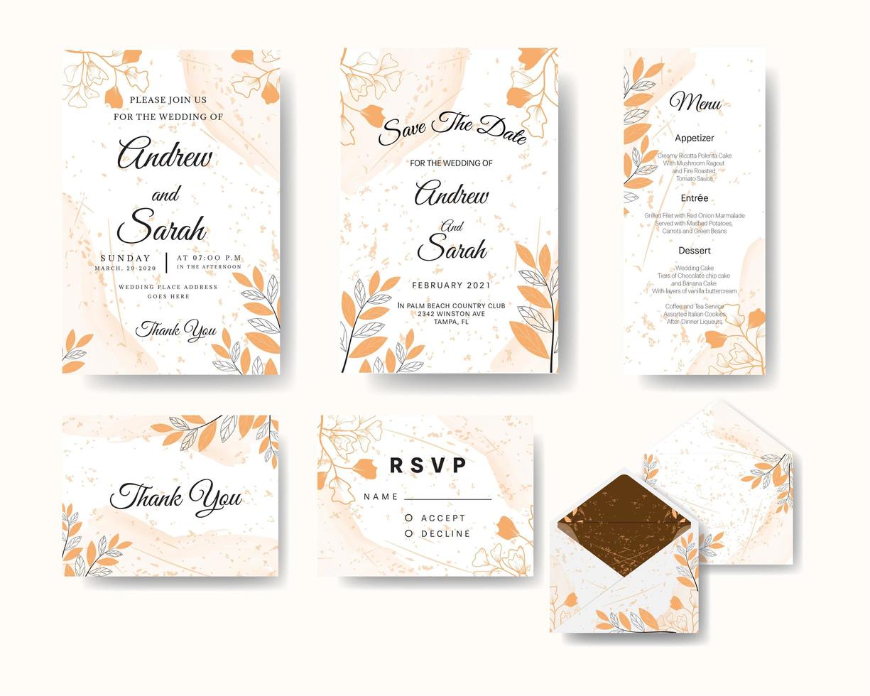 bröllopsinbjudan med blommig kontur och akvarell konsistens vektor