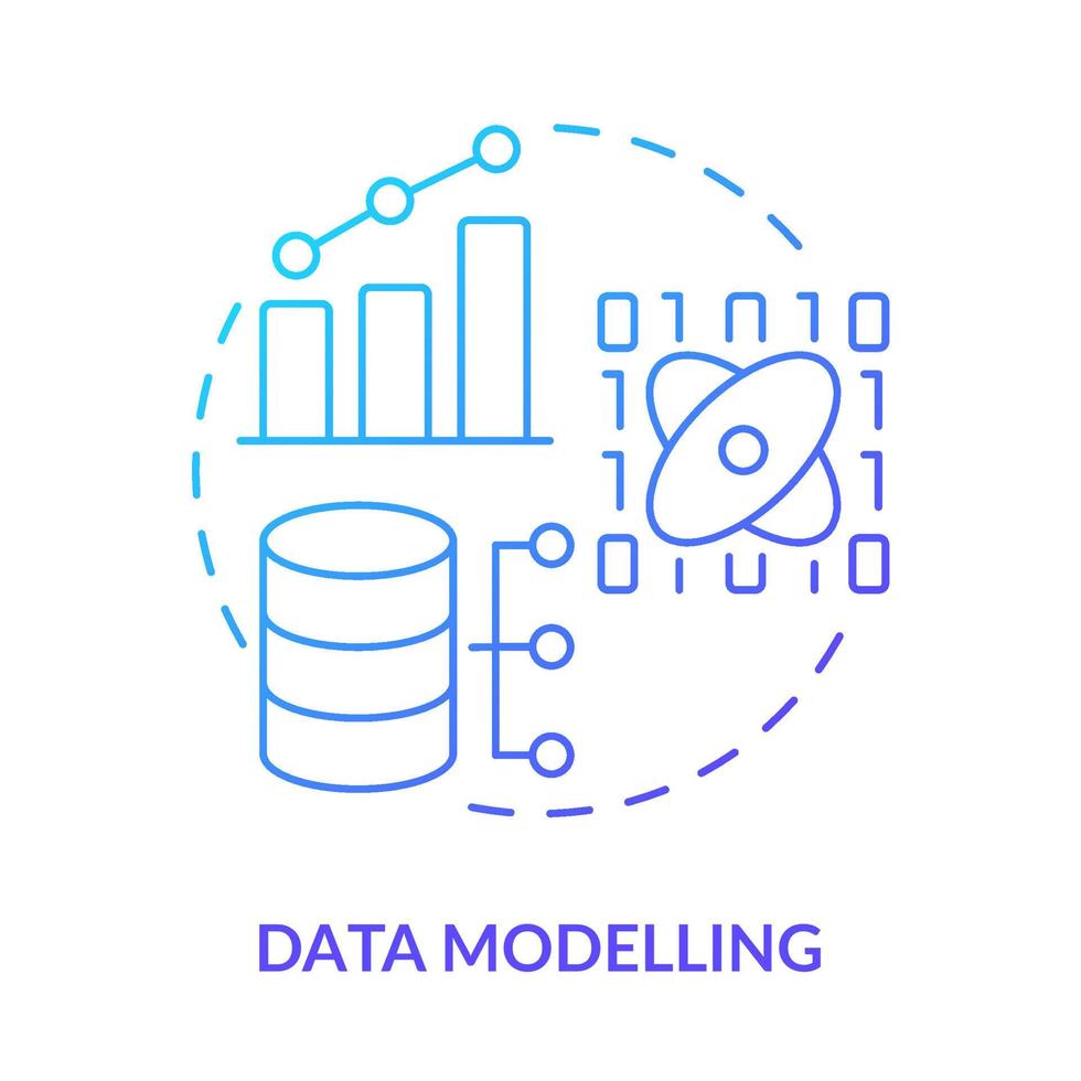 Symbol für Datenmodellierung mit blauem Farbverlauf. data-mining-prozess abstrakte idee dünne linie illustration. Algorithmen für maschinelles Lernen. isolierte Umrisszeichnung. vektor