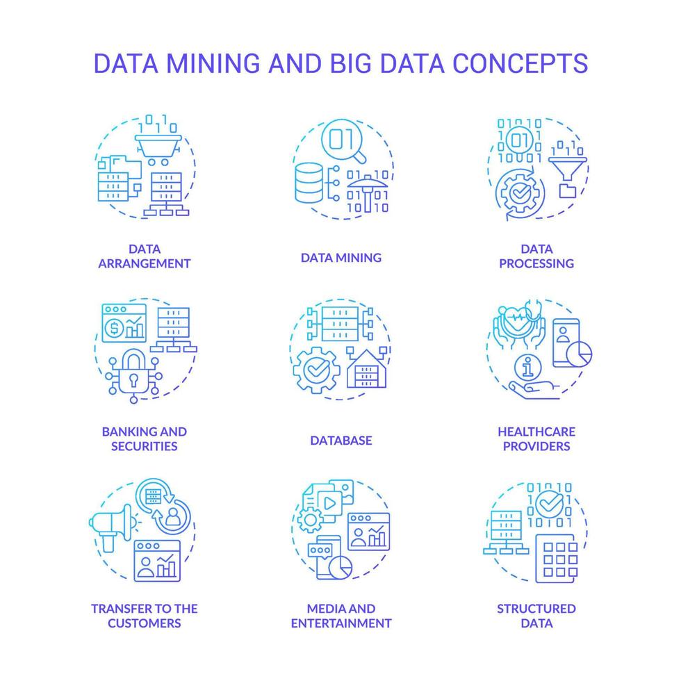 Symbole für Data Mining und Big Data Blue Gradient Concept gesetzt. datenbankanalyseidee dünne linienfarbillustrationen. Anordnung, Abwicklung. isolierte Symbole. vektor