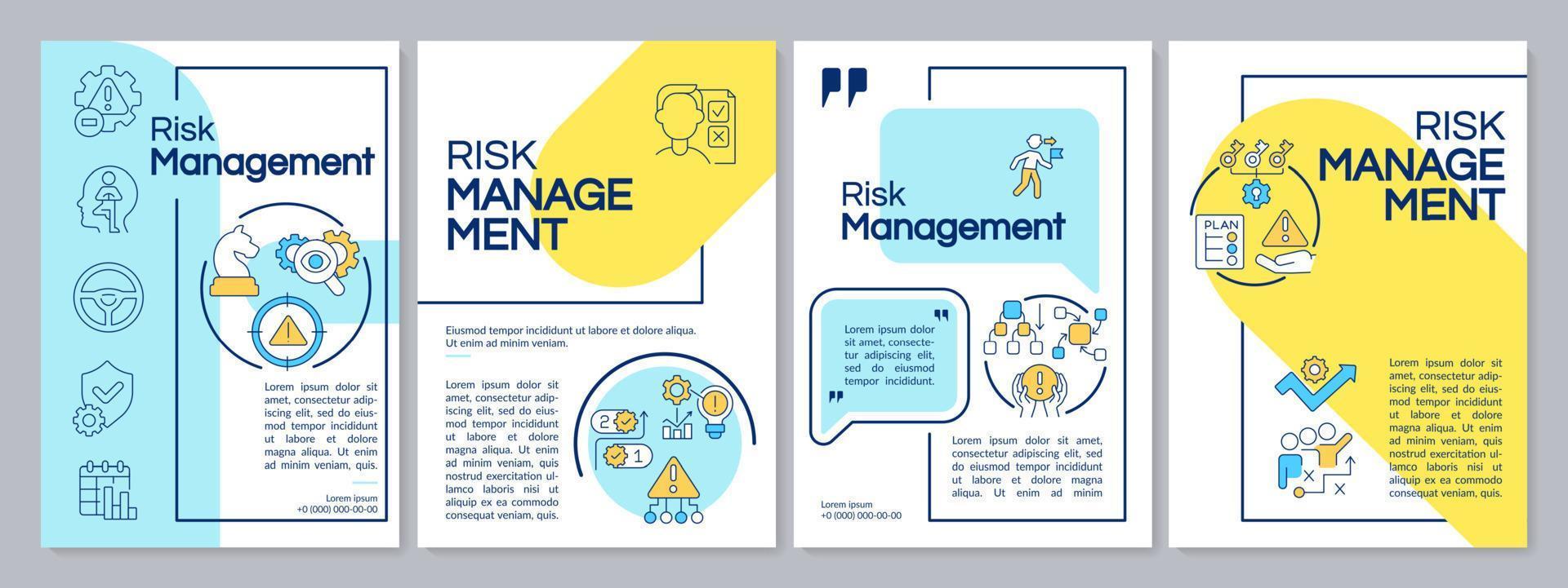 risikomanagement blaue und gelbe broschürenvorlage. Unternehmenssicherheit. Broschürendesign mit linearen Symbolen. 4 Vektorlayouts für Präsentationen, Jahresberichte. vektor