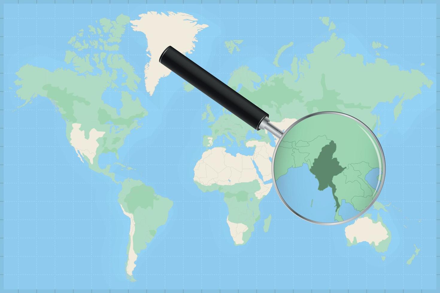 Karta av de värld med en förstorande glas på en Karta av myanmar. vektor