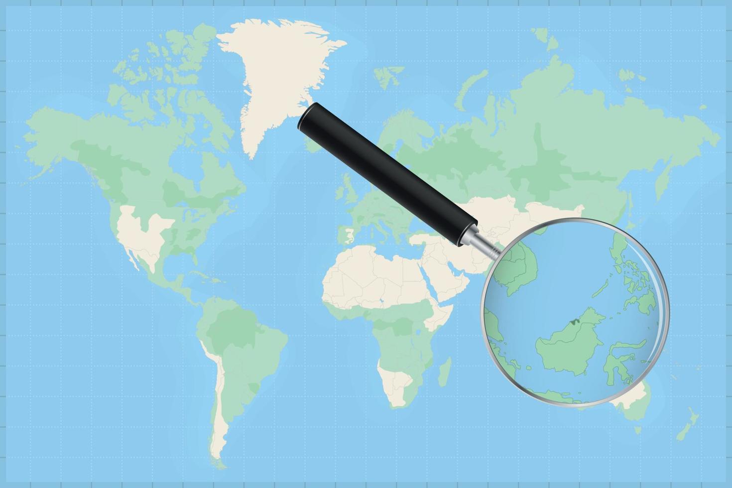 Karta av de värld med en förstorande glas på en Karta av brunei. vektor