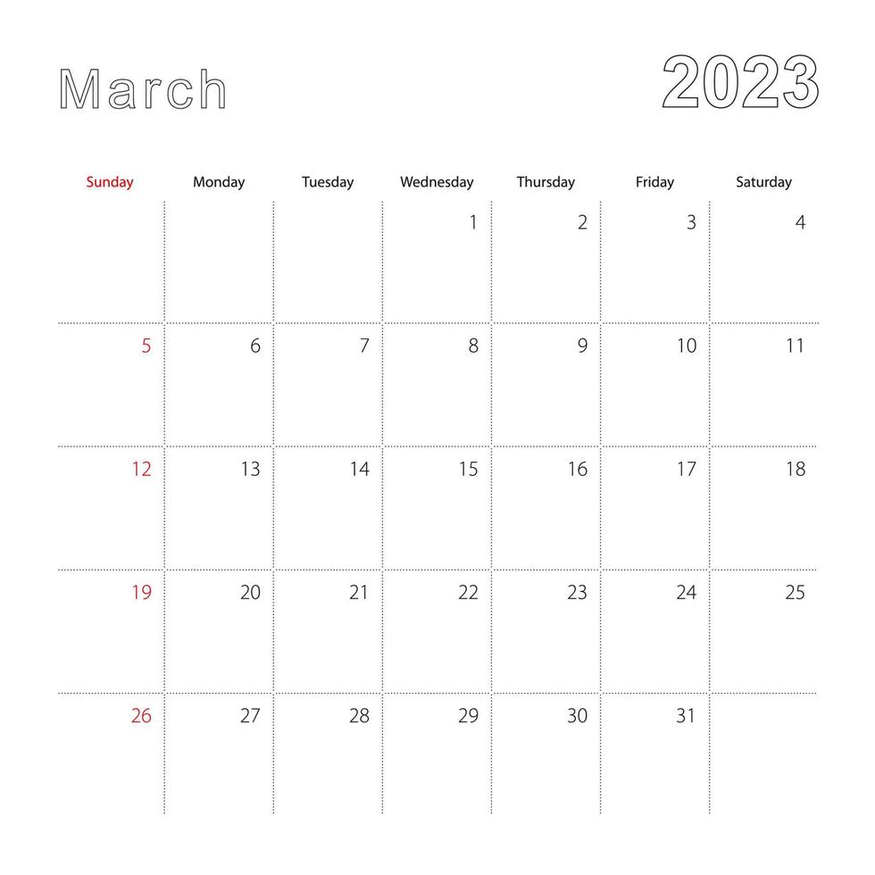 enkel vägg kalender för Mars 2023 med prickad rader. de kalender är i engelsk, vecka Start från söndag. vektor