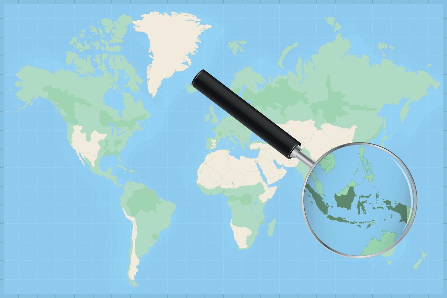 Weltkarte mit einer Lupe auf einer Karte von Indonesien. vektor