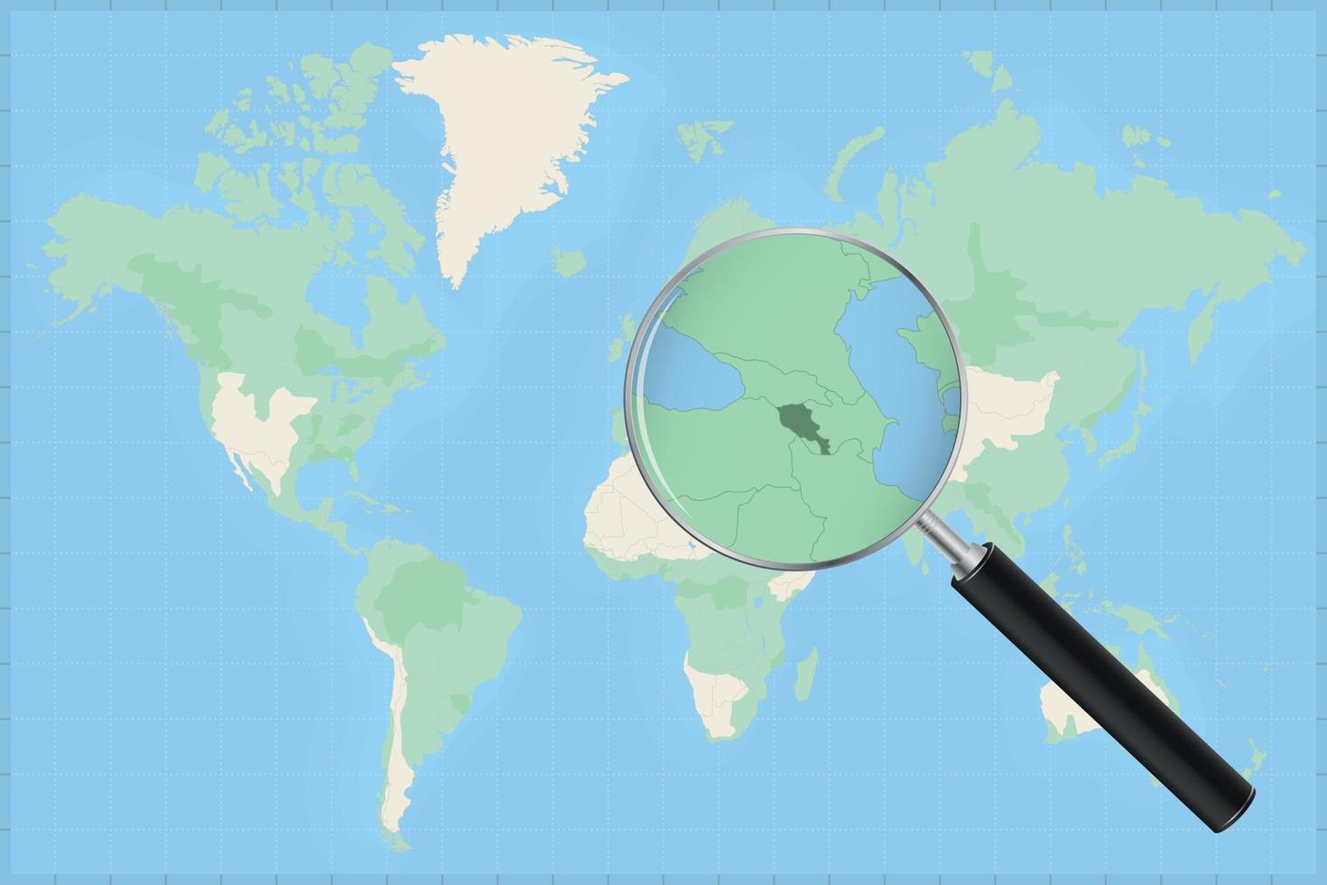 Karta av de värld med en förstorande glas på en Karta av armenien. vektor