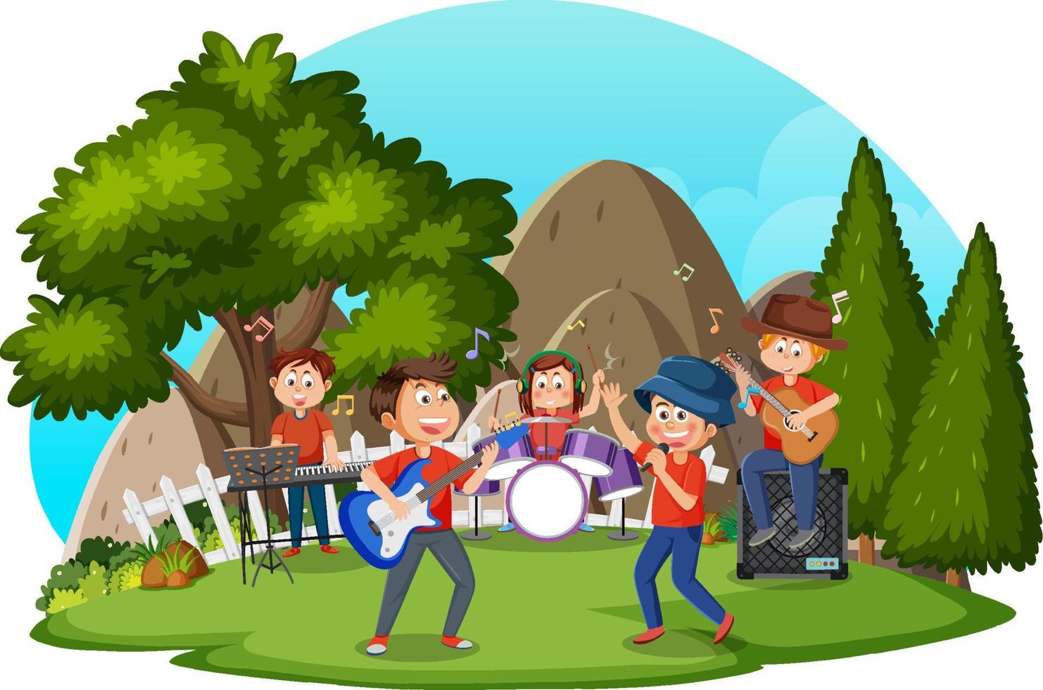 kinder, die musik im park spielen vektor