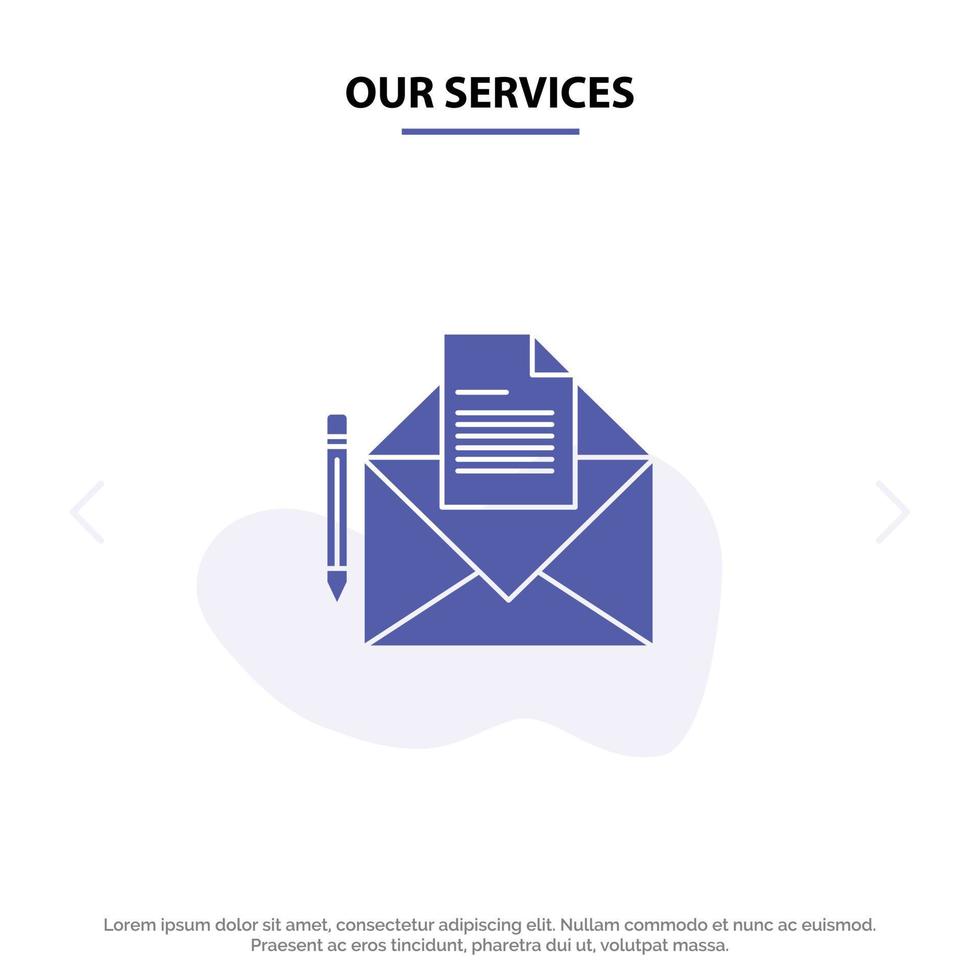 Unsere Dienstleistungen E-Mail-Nachricht Fax Brief solide Glyphen-Symbol Webkartenvorlage vektor