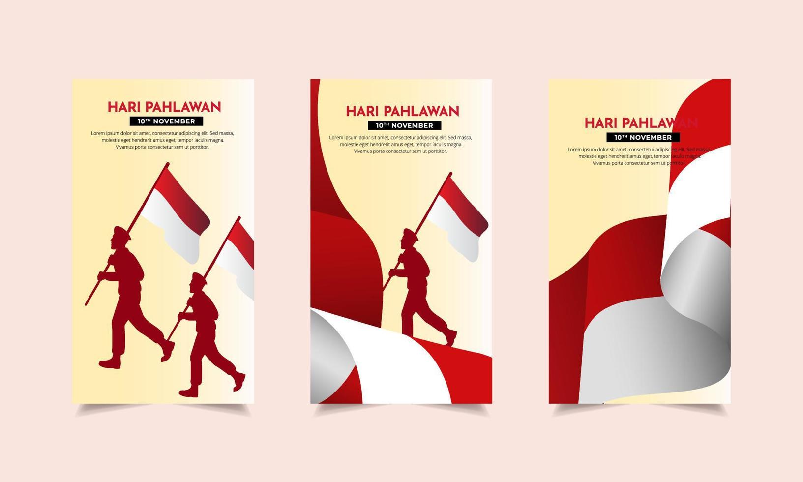 heroes day of indonesia design storys sammlung. Hari Pahlawan ist ein indonesisches Heldentagsdesign mit vertikalem Stil vektor